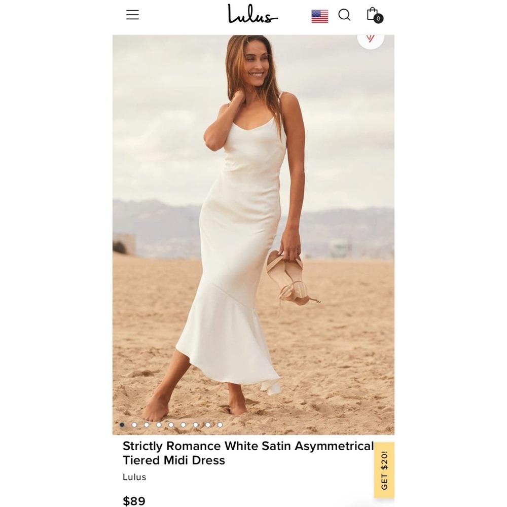 Lulus- Strictly Romance White Satin Asymmetrical Tiered Midi Dress.